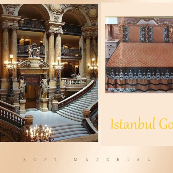Istanbul Gold Luxury Velvet Coverlet with Ruffle Vintage Royal Design Bedspread - Picture 6 of 6